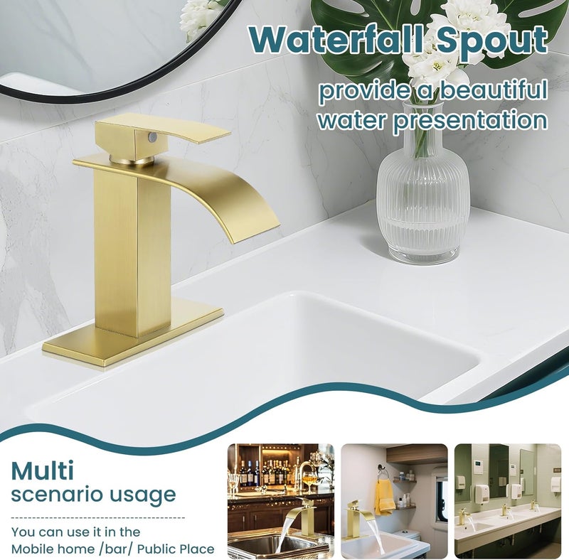 LUFG Bathroom Faucets Brushed Gold Waterfall Bathroom Sink Faucet Modern Single Handle Bathroom Faucet for 1 or 3 Hole Mxier Tap Washbasin Faucet with Deck, Pop-up Drain and Supply Hoses - Image 5